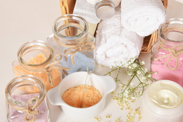 Fototapeta na wymiar Floral salts for relaxing baths in the spa