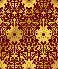 Seamless Golden Chinese Background botanic garden spiral curve cross leaf flower