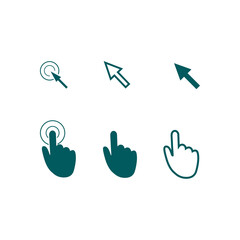 Cursor pointer icons. Click press and touch actions. Flat style.