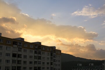 Fototapeta na wymiar Sunrise and sunset over the buildings in the Zilina city. Slovakia