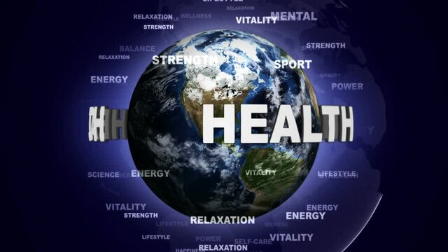 HEALTH Text Animation and Earth, Rendering, Background, Loop, 4k
