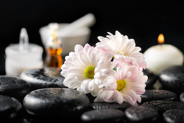 Fototapeta na wymiar spa composition of white daisy flowers, candle, fragrance oil, cosmetic cream and zen basalt stones with dew on black background, close up