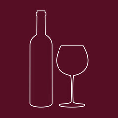 Bottle of wine and glass on red background.