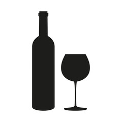 Bottle of wine and glass on white background.