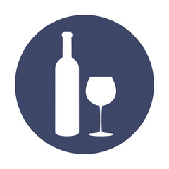 Bottle of wine and glass on blue background.