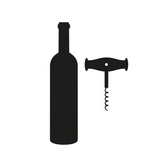 Corkscrew with bottle of wine on white background.