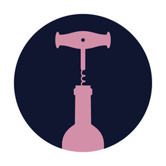 Corkscrew with bottle of wine on black background.