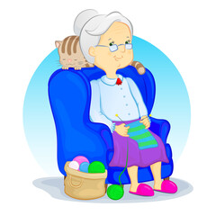 grandmother sitting in armchair and knitting