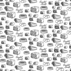 Vector seamless black and white sketch background in the style of the etching. Collection of traditional Oriental sweets and lettering