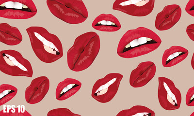 The pattern of female lips. A set of lips with an open mouth and teeth. A pattern of lips on a light background.