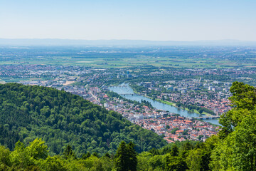 Fototapeta na wymiar Heidelberg View over Baden-Wuerttemberg Neckar River Landscape Europe High Altitude Summer Blue Sky