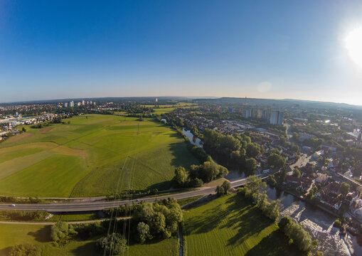 Aerial photo of the meadows and river Regnitz at Erlangen