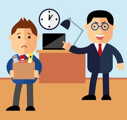 Concept dismissal. Boss dismissed employee. Flat vector illustration. Sad cartoon man leaves the office with things