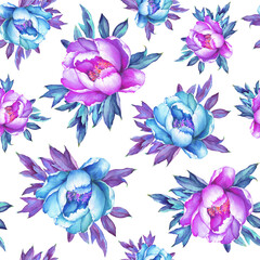 Floral seamless pattern with flowering pink and blue peonies, on white background. Watercolor hand drawn painting illustration.  Pop-art style, isolated. Design for fabric, wrap paper or wallpaper. 