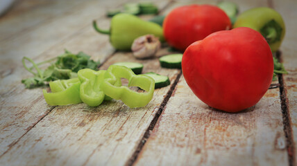 Healthy food and ingredients on rustic wooden background