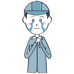 男性作業員 上半身 泣く