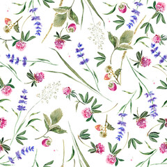 Seamless pattern with clover, lavender, strawberry berries and herbs. Hand drawn watercolor painting.