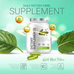 Cool mint dietary supplement ads. Vector Illustration with honey supplement contained in bottle and mint leaves elements.