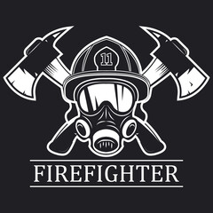 firefighter . emblem, icon, logo. Fire. mask firefighter and two axes.  monochrome vector illustration.