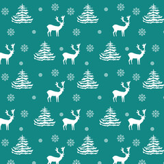 Seamless Christmas pattern hand drawn realistic reindeers, fir trees, snowflakes, white silhouette on turquoise background, fabric, wallpaper, gift wrapping, stationary, embroidery, surface design