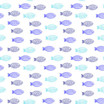 Seamless nautical aquatic surface pattern funny hand drawn doodle fish hues of blue on white background, fabric, gift wrapping, quilting
