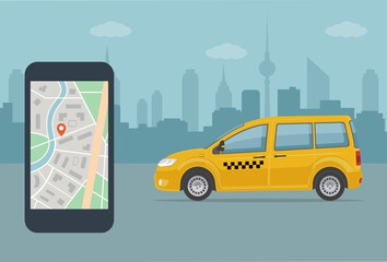 Taxi cab and mobile phone with map on city background. Taxi service concept . Flat style vector illustration. 
