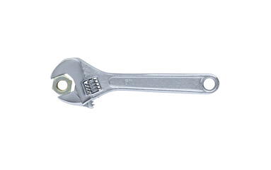 Spanner with nut on white background