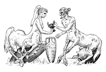 Fototapeta na wymiar two Centaurus sharing wine illustration, hand drawn or engraved old looking fantastic, fairytale beasts half man with horse body, greek mythology