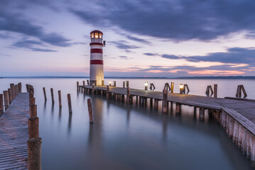 Summer Sunset Impression of Lighthouse at Lake Neusiedl (Podersdorf am See, Burgenland, Austria)