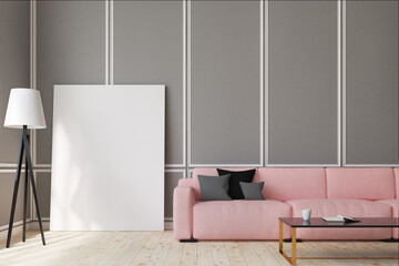 Pink sofa living room, vertical poster