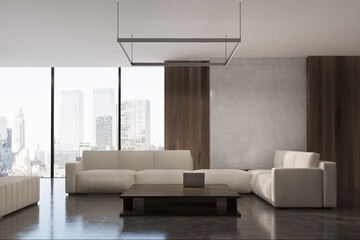 Panoramic living room poster, sofas, wood