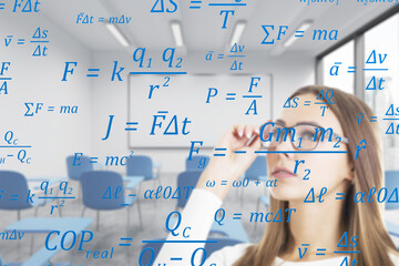 Blond woman in class with formulae, double