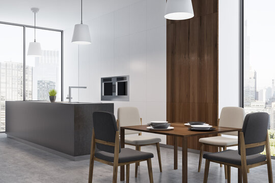 Dining room and kitchen in studio flat