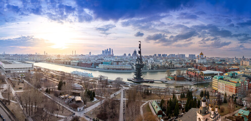 wide angle aerial panorama of Moscow city center, Moscow River and the Bypass canal in Moscow, monument to Peter I, The Cathedral of Christ the Savior, Brusov ship and Museon park