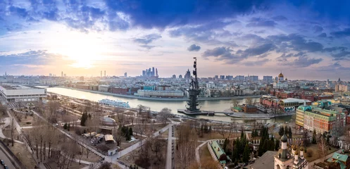 Poster Moscow wide angle aerial panorama of Moscow city center, Moscow River and the Bypass canal in Moscow, monument to Peter I, The Cathedral of Christ the Savior, Brusov ship and Museon park