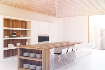 White wall kitchen with a bar, side, toned