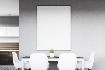 Gray kitchen with poster close up