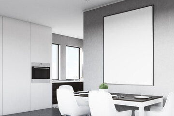 Side view of gray kitchen with poster