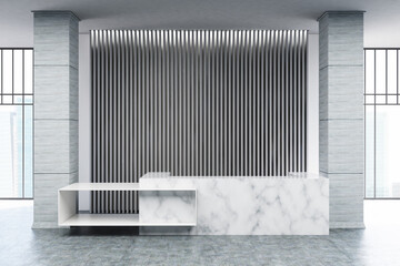 White marble reception, gray blinds