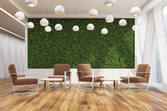 Office cafe, grass wall, brown front