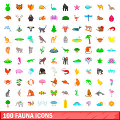 100 fauna icons set, cartoon style