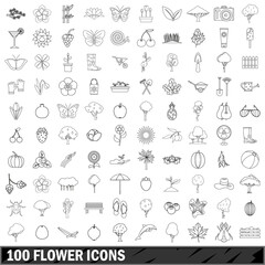 100 flower icons set, outline style
