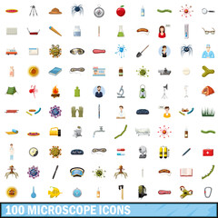 100 microscope icons set, cartoon style
