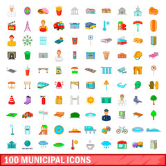 100 municipal icons set, cartoon style