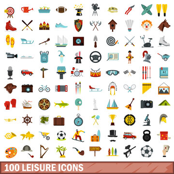 100 leisure icons set, flat style