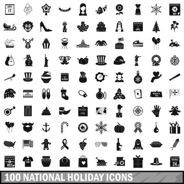 100 National Holiday Icons Set, Simple Style 