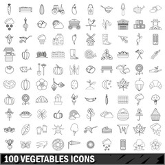 100 vegetables icons set, outline style