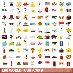 100 world tour icons set, flat style