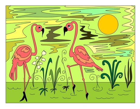 Vector silhouette of colorful hand drawn flamingos in the lake on the abstract green field background, cartoon illustration painted  with spring flowers, high quality