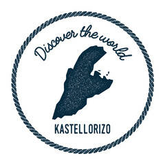 Kastellorizo map in vintage discover the world insignia. Hipster style nautical postage stamp, with round rope border. Vector illustration.
